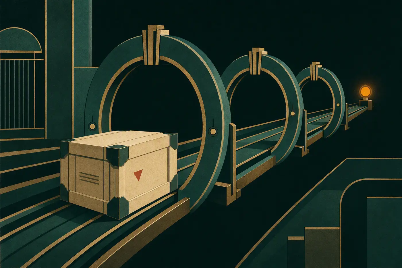 An ivory project crate passes through three geometric inspection gates toward an amber terminal light.
